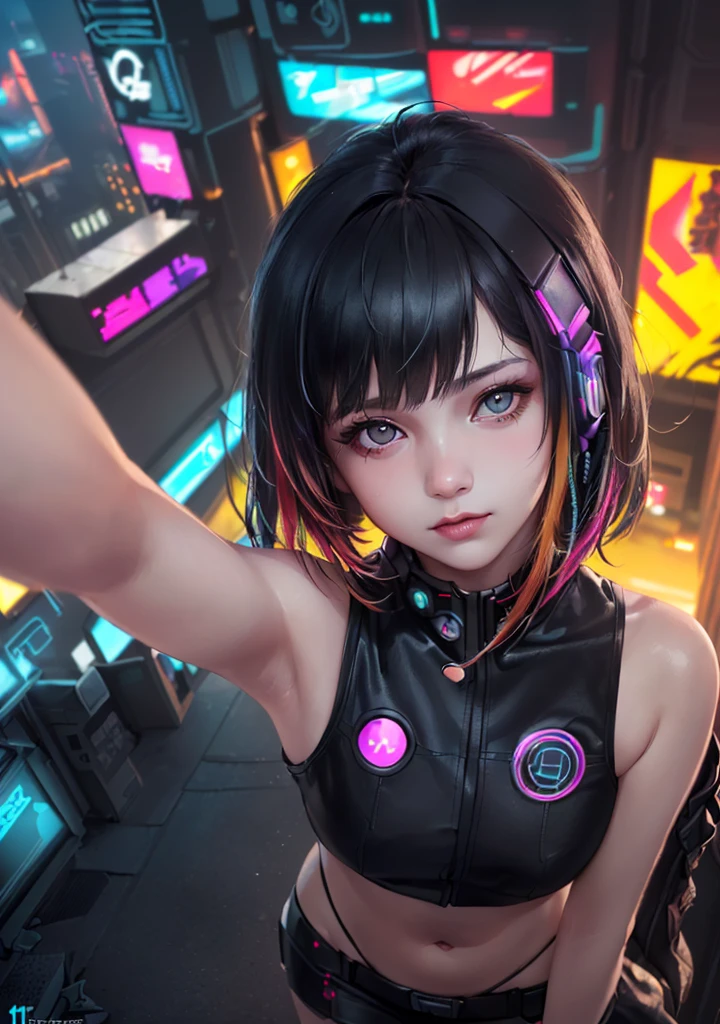 model shoot style, (selfie:1.8), 1girl, (cyberpunk:1.8, cyberpunk city background:1.8), (cutest face: 1.8, perfect face:1.3), (multicolored hair:1.4, bowl cut, pale skin:1.5), (from above:1.4), best quality, epic (by lee jeffries photo, sony a7, 50 mm, pores:1.5, colors, hyperdetailed:1.5, film grain:1.4, hyperrealistic: 1.5), octane render, hyper-realistic lifelike texture, masterpiece, unreal engine 5, Extremely detailed CG unity 8k wallpaper, Madly detailed photo, hyper-realistic light, (Winner of the Pulitzer Prize for Photography and Taylor Wessing Photographic Prize)