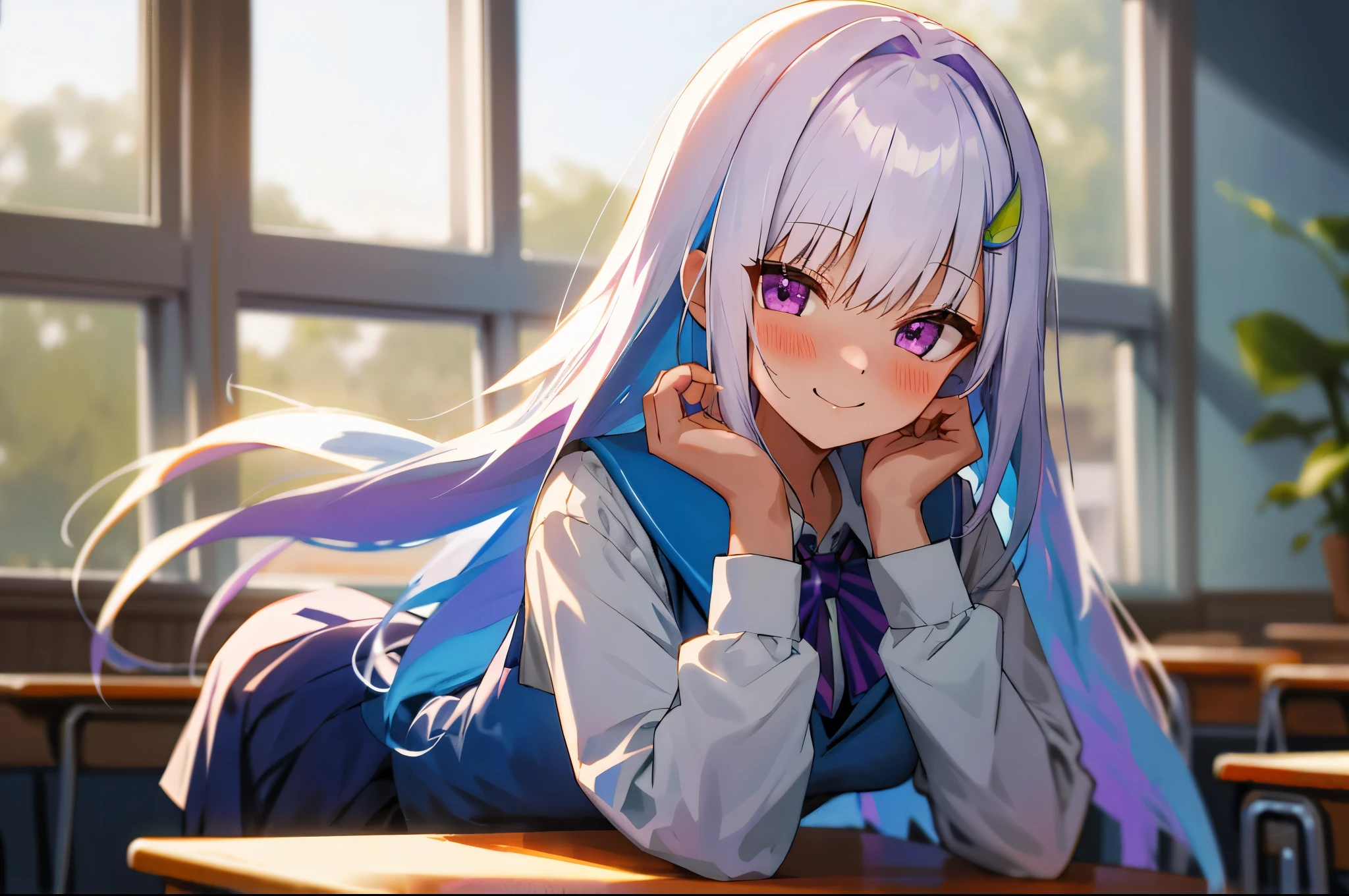 One girl with long hair, bangs, white hair, blue inner hair:1.25) , purple eyes, looking at viewer, blushing, little smile, indoor, window, classroom, school uniform, white shirt, sitting, table, bowtie, mid-chest, noon atmosphere, sunset, backlight, hair ornament, medium breasts, upper body, focus, blurry background, hands in face