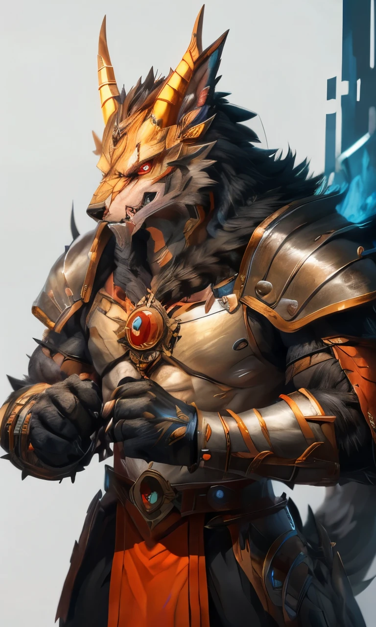 There is a male monster with a blue glow on his face, muscular werewolf, a minotaur wolf, Suitable for a male devil with white horns, fenrir, Godrays digital painting, Male god-human-demon hybrid, Trends on Artstation, demon male, 2. 5d CGI anime fantasy artwork, Anthropomorphic wolf man, Firmware version