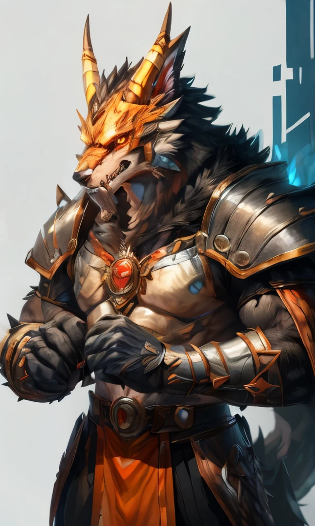 There is a male monster with a blue glow on his face, muscular werewolf, a minotaur wolf, Suitable for a male devil with white horns, fenrir, Godrays digital painting, Male god-human-demon hybrid, Trends on Artstation, demon male, 2. 5d CGI anime fantasy artwork, Anthropomorphic wolf man, Firmware version