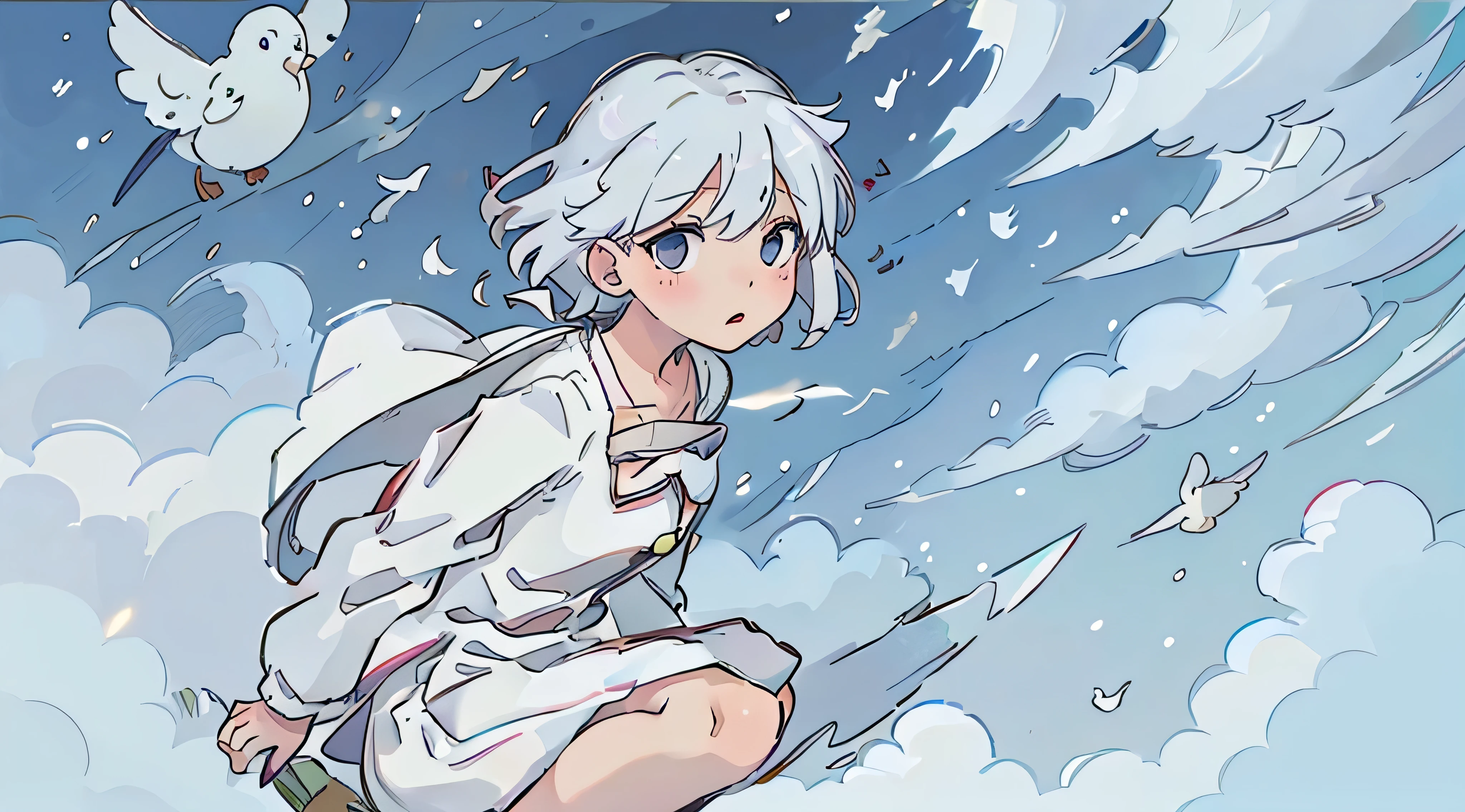 (Best Quality:0.8) perfect anime still frame, Squat, gentle wind,  dove, white  hair, short-cut、Alone、The sky is wide、nigh sky、Christmas、present、doveが好き