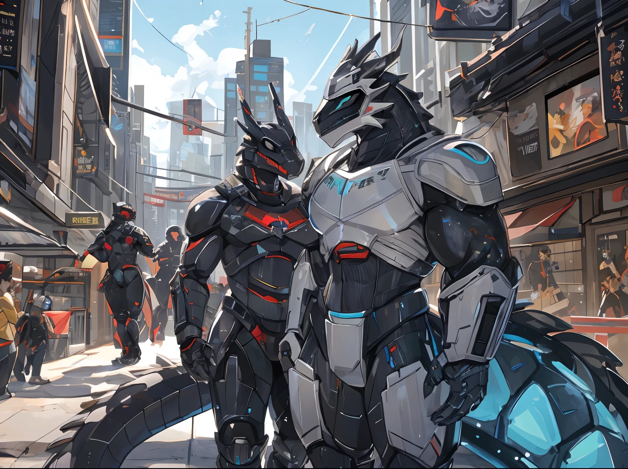 male, Muscular, synth (vader-san), robot, cybrog, android, dragon, Silver Dragon, Robo Dragon, Cyber Cities, futuristic city