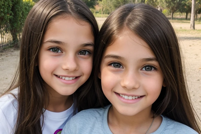 two 8 year old girls hugging in a park, baby face, she are happy, one wearing a dress and the other with shorts and a shirt, park with good lighting, realisitic, detailded, whole body, 4K, one with long hair and the other with short hair, photoshot,