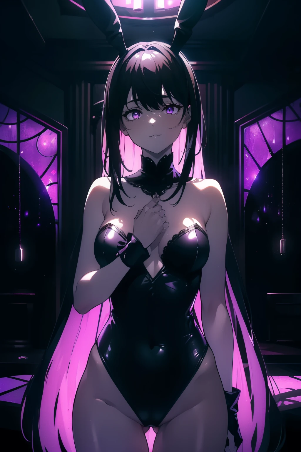 ((((Obra maestra, La mejor calidad, ultrahigh resolution)))), 1girl, standing, leotard, bunny girl, ((very small black floppy bunny ears in full view:1)), ((very floppy bunny ears, black hair, dark black hair over eye:1)), (wide shot), long hair cut, pale skin, ((brown eyes)), glowing_eyes, neon eyes, (ultra detailed eyes:0.7, beautiful and detailed face, detailed eyes:0.9), ((centered)), smile, ((wide shot)), (((indoor club background, purple and black lights))), medium breasts, looking at viewer, ((half closed eyes)), ((perfect hands)), floppy black bunny ears:1, arms, hips in view, elbows, thighs, in view))), ((hand pulling off clothing)), empty eyes, beautiful lighting, outside, outdoors, background, defined subject, 25 years old, (head tilt), (((cool))),