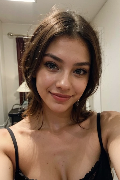 Latina Girl, Schminke, Eyeliner, Lipgloss, Braunes Haar, Highlighter auf der Nase, braune Augen, Beautiful eyebrows, Halskette, Smileing, Blick in die Kamera, Selfie