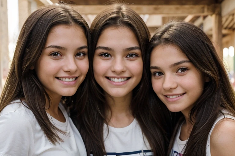 two brunette teenage girls, one has 9 , another has 15 years nte, Feliz, fundo limpo branco, circunstanciado, Dentes perfeitos, Cabelos lisos, enquadramento da foto meia distancia.