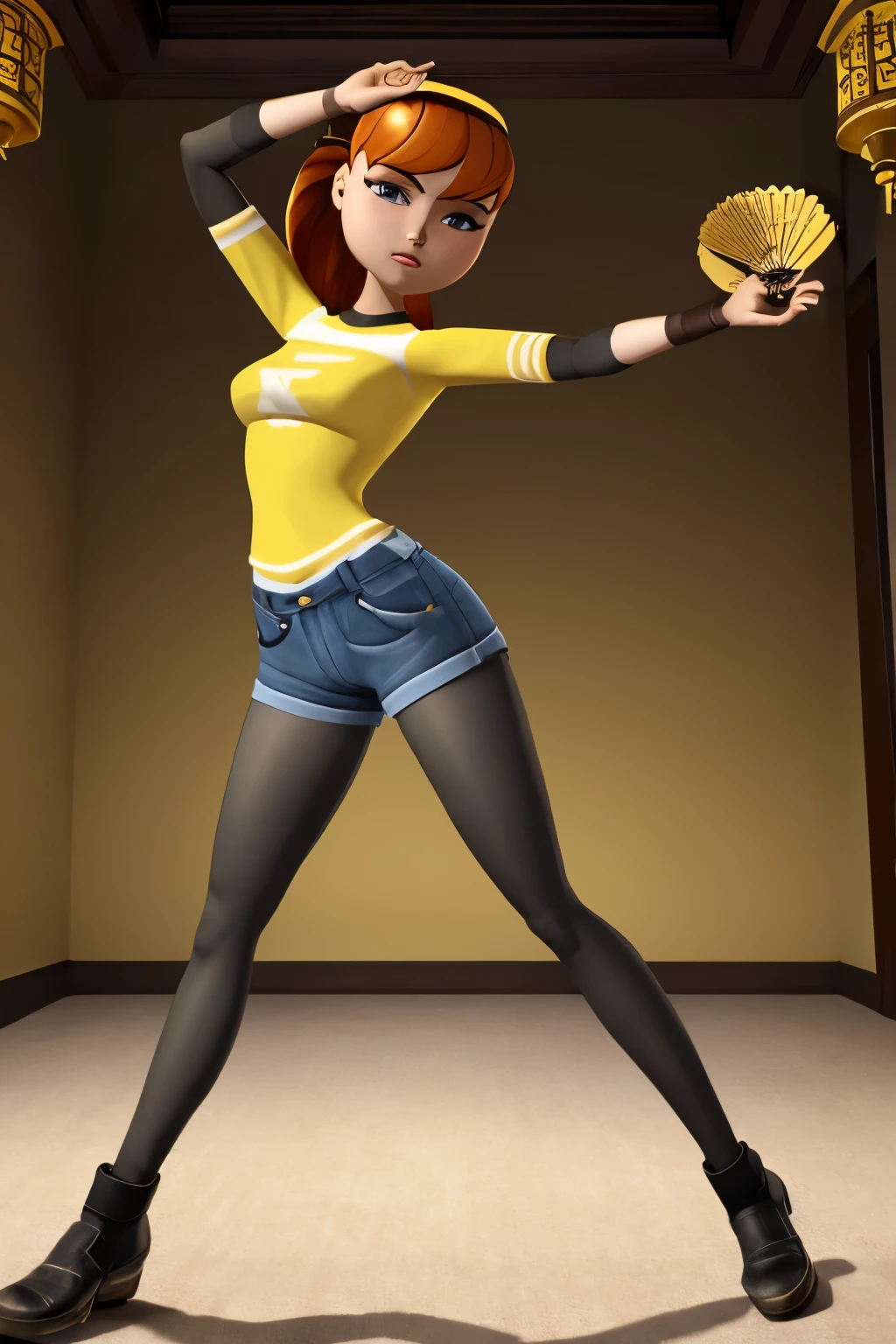 ((masterpiece)), extremely detailed, bloom, cinematic lighting,new york city, holding open ornate chinese fan in hand, smooth shadows, flat lighting, 3d animation, april2012, beautiful light, (dynamic pose:1.2), wide shot, round head, denim shorts, black pantyhose, yellow shirt,