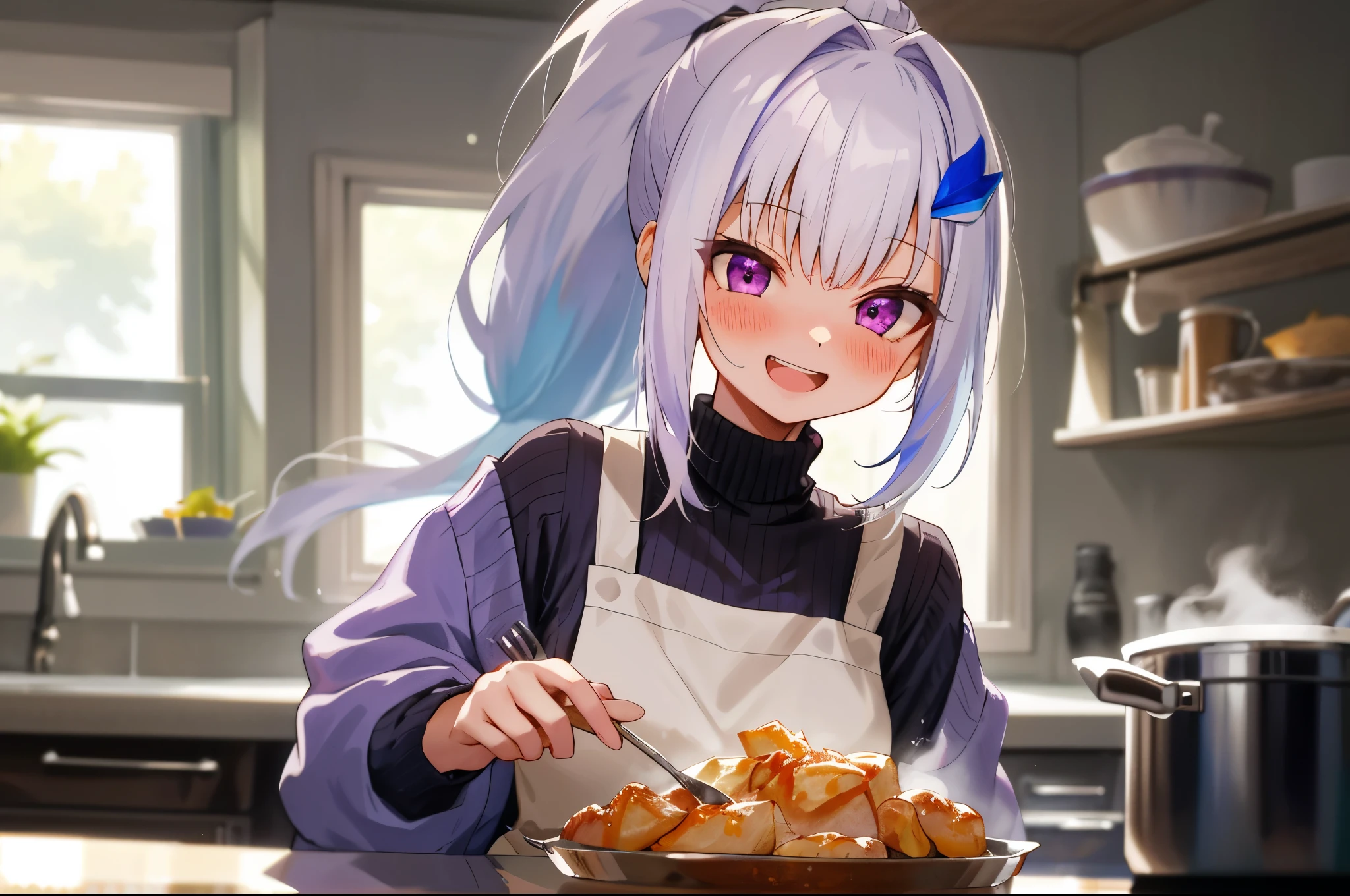 One girl with high ponytail hair, bangs, white hair, blue inner hair:1.25) , purple eyes, blushing, little smile, open mouth, teeth, indoor, Cooking food, kitchen, sweaters, apron, mid-chest, day atmosphere, hair ornament, medium breasts, upper body, focus, blurry background, food