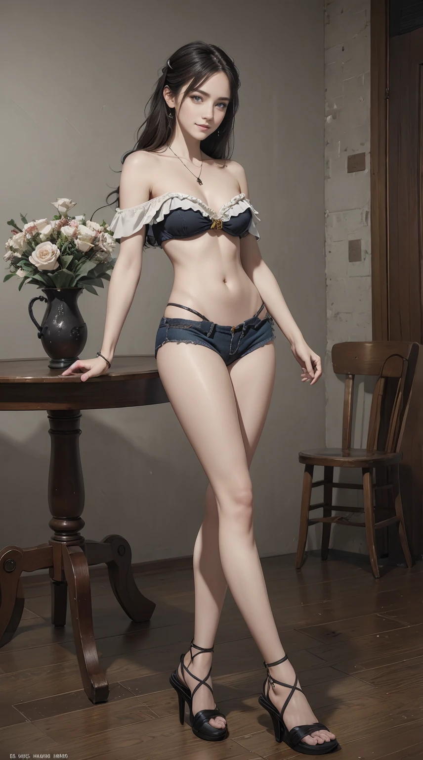 24-year-old Caucasian woman、Hair is brunette、Eye color is blue、Semi-long、Slender but well-proportioned muscular man、My abs are cracked、The belly button is out、a smile、I'm wearing a necklace、accessories on wrist、Wearing an off-shoulder top with frills、I'm wearing high leg cut shorts、I'm wearing pin heels、studio shoot、Flowers in a vase on a tall round vintage Victorian table