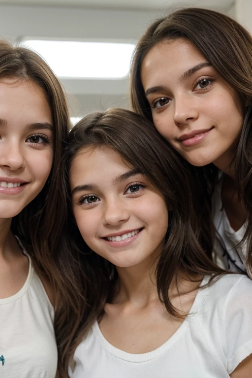 two brunette teenage girls, one has 9 years old, another has 15 years old, sorridente, Feliz, fundo limpo branco, circunstanciado, Dentes perfeitos, Cabelos lisos, enquadramento da foto meia distancia.