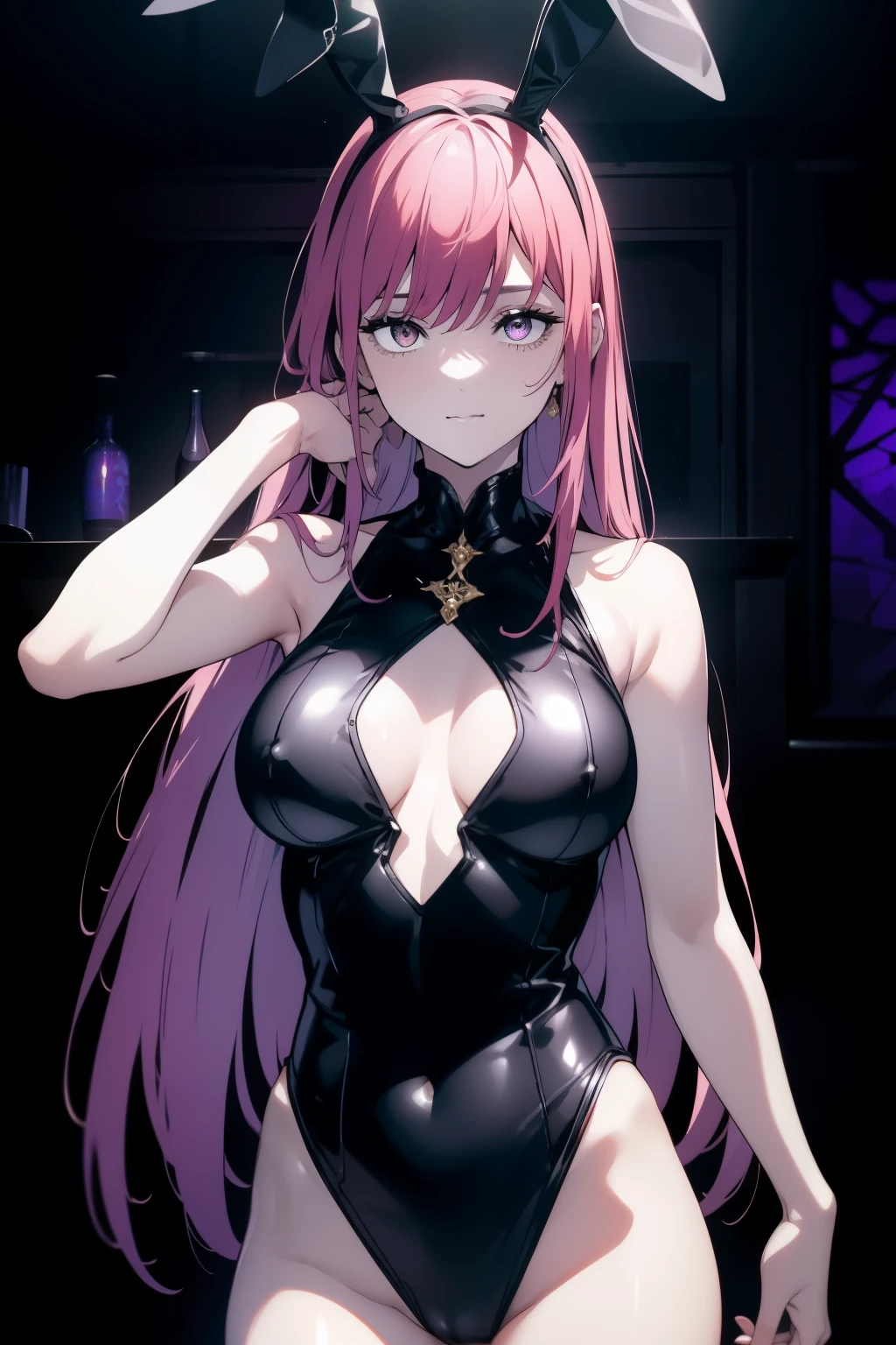 ((((Obra maestra, La mejor calidad, ultrahigh resolution)))), 1girl, standing, leotard, bunny girl, ((very small black floppy bunny ears in full view:1)), (((very floppy bunny ears, black hair, dark black hair over eye:0.5))), (wide shot), long hair cut, pale skin, ((brown eyes)), glowing_eyes, neon eyes, (ultra detailed eyes:0.7, beautiful and detailed face, detailed eyes:0.9), ((centered)), smile, ((wide shot)), (((indoor club background, purple and black lights))), medium breasts, looking at viewer, ((half closed eyes)), ((perfect hands)), floppy black bunny ears:1, arms, hips in view, elbows, thighs, in view))), ((hand pulling off clothing)), empty eyes, beautiful lighting, outside, outdoors, background, defined subject, 25 years old, (head tilt), (((cool))),
