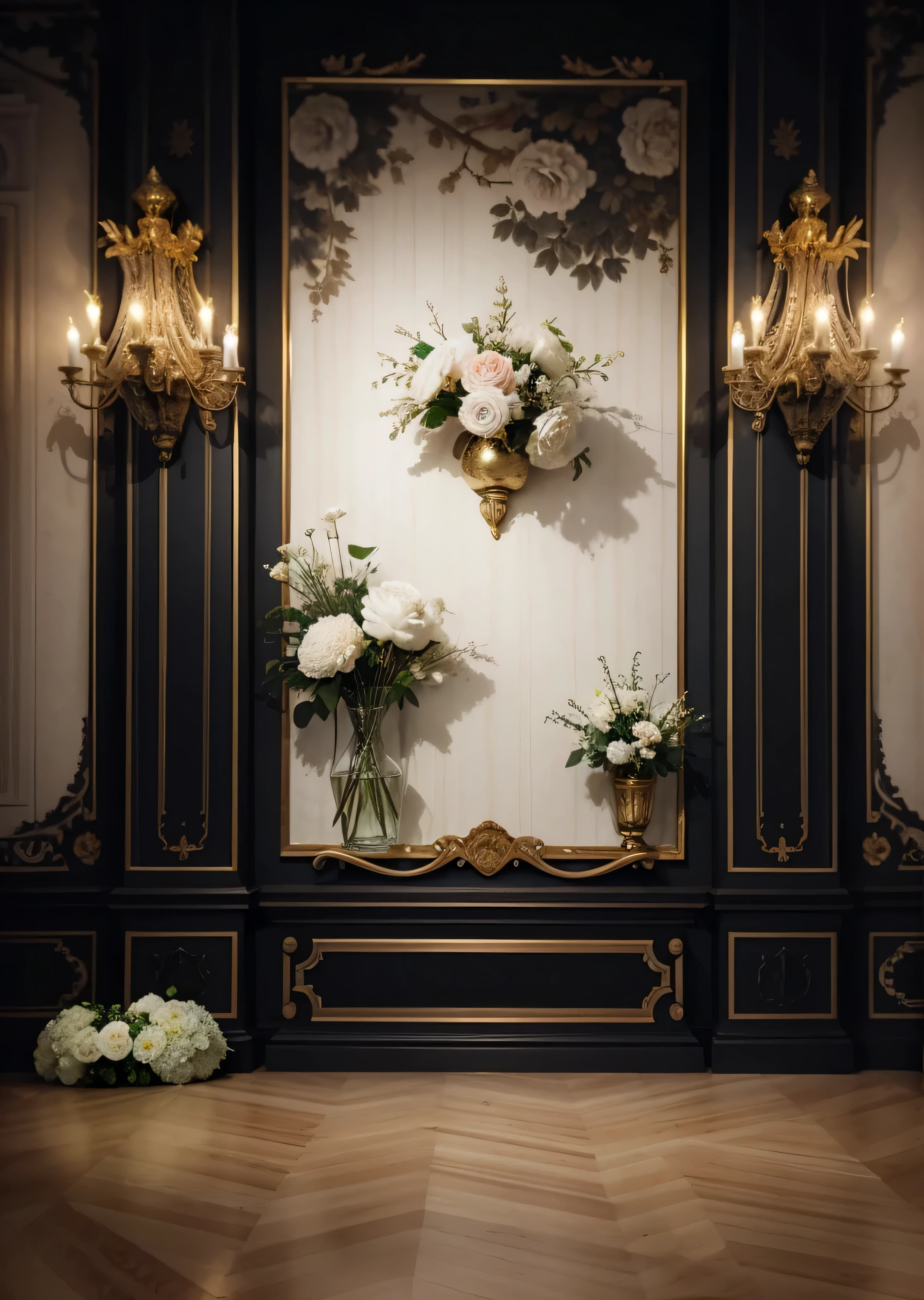 a close up of a room with a wall with a vase and flowers, ornate backdrop, stunning arcanum backdrop, gothic and baroque, ornate and intricate backdrop, elegant baroque, baroque style painting backdrop, elegant and ornate, ornate and elegant, baroque marble and gold in space, black rococo, baroque detailed, white elegant baroque design, baroque style, lavishly decorated