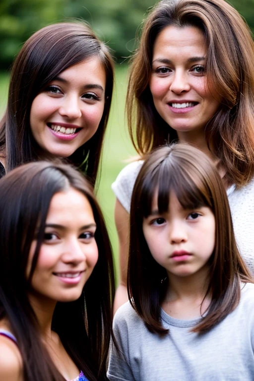 two brunette teenage girls, one has 9 years old, another has 15 years old, sorridente, Feliz, fundo limpo branco, circunstanciado, Dentes perfeitos, Cabelos lisos, enquadramento da foto meia distancia.