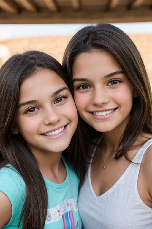 two brunette teenage girls, one has 9 years old, another has 15 years old, sorridente, Feliz, fundo limpo branco, circunstanciado, Dentes perfeitos, Cabelos lisos, enquadramento da foto meia distancia.