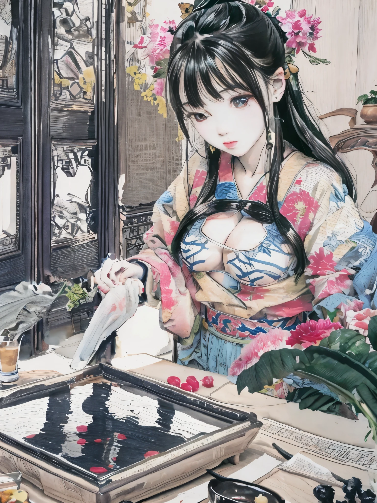a close up of a full colour painting of people in a landscape, ancient chinese beauties, qing dynasty painting, by Wang Lü, su fu, mu pan, by Lü Ji, song dynasty, ancient china art style, chinese painting, robed figures sat around a table, by Wang Hui, by Yun Du-seo, old chines painting, traditional chinese painting, lace, playing chinese chess, chinese chess on table, cat on table, cat looking at chess, flowers outside window, butterfly in the air, showing Vulvas,