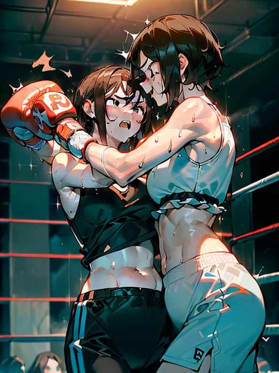 Mature woman boxer, (((boxing gloverown skin, two women, absent-minded, ((being punched by another dark-haired woman)), ((belly punch))), sweat and saliva all over the body, inferiority, on the verge of fainting, steam, bedroom, (((boxing play)), body blow