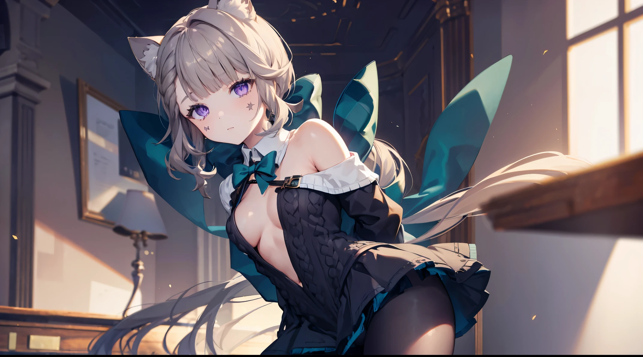 (((4k, masterpiece, top-quality))) ,8k, best quality, high resolution, HD, (arms behind back:1.2), unity 8k wallpaper, (((illustration))), beautiful detailed eyes, extremely detailed face, perfect lighting, extremely detailed CG, 1girl, solo, animal ears, sweater, shorts, breasts, cleavage, white sweater, off shoulder, cat ears, skirt, pleated skirt, animal ear fluff, bare shoulders, off-shoulder sweater, lynette, cat ears, hair bow, (purple eyes:1.2), brown hair, (((single star on left cheek))), bow, green bow, pantyhose,