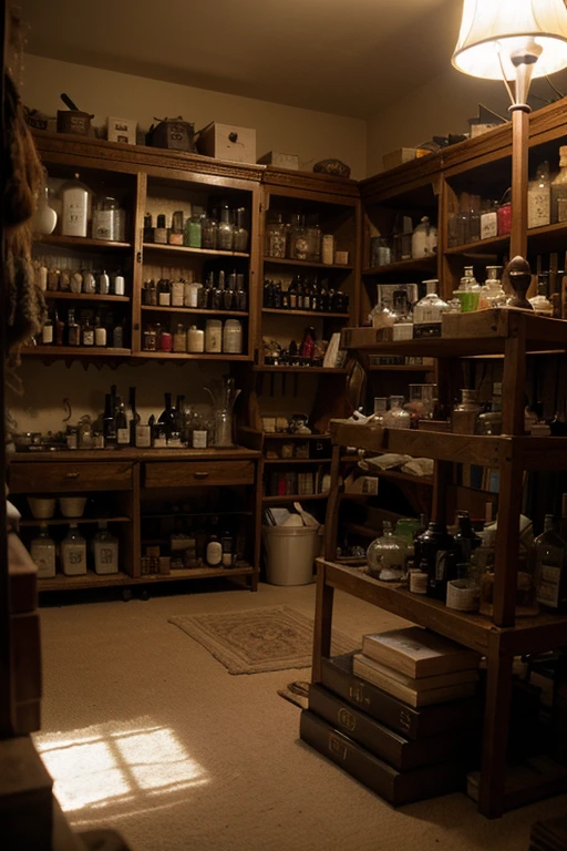 Create a room full of potions, armas e livros fantasia bruxas, criaruras