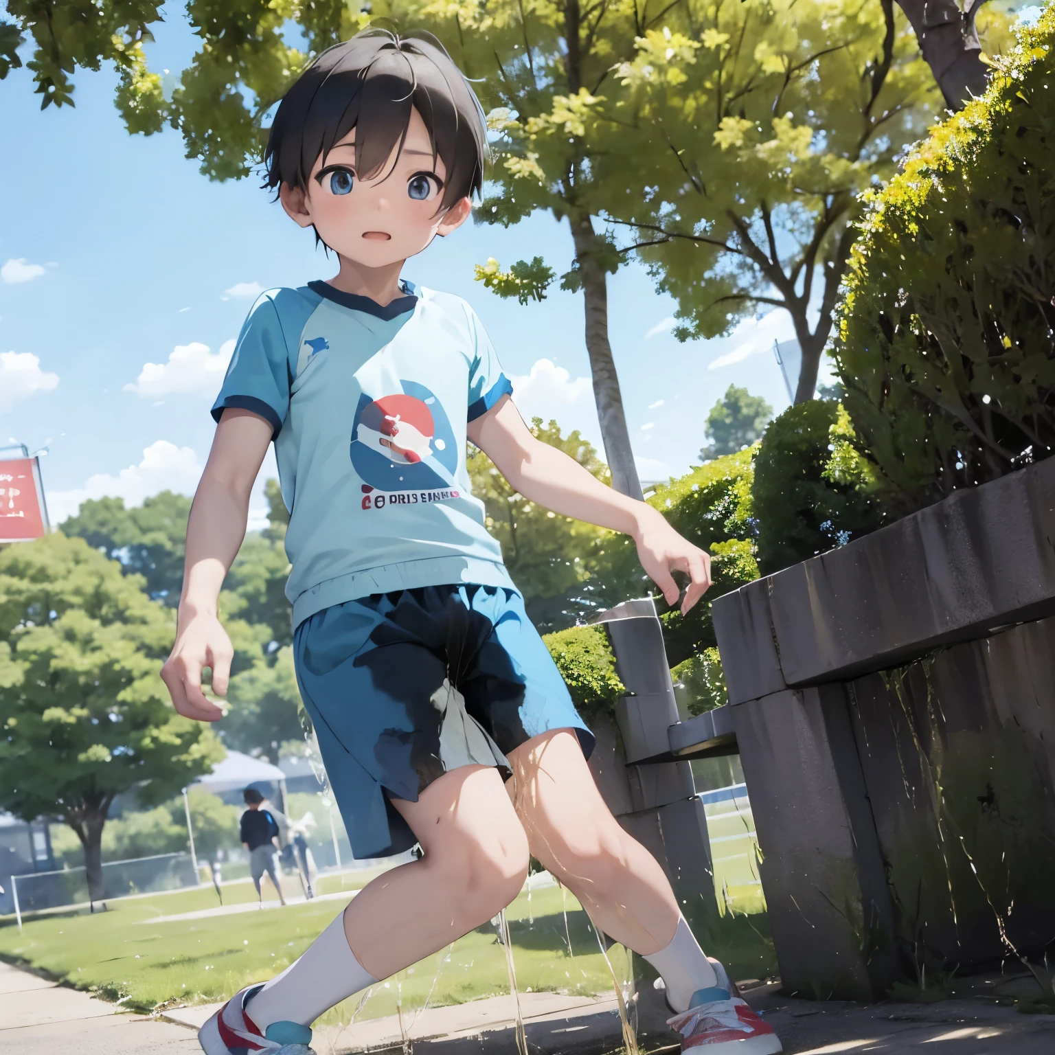 A Chinese boy around 7 ，Normal body type is slightly thinner，He wears a light blue short-sleeved shirt，Light blue shorts，Play in the park，incontinence，Urine soaked the shorts，Run down your legs to the ground。