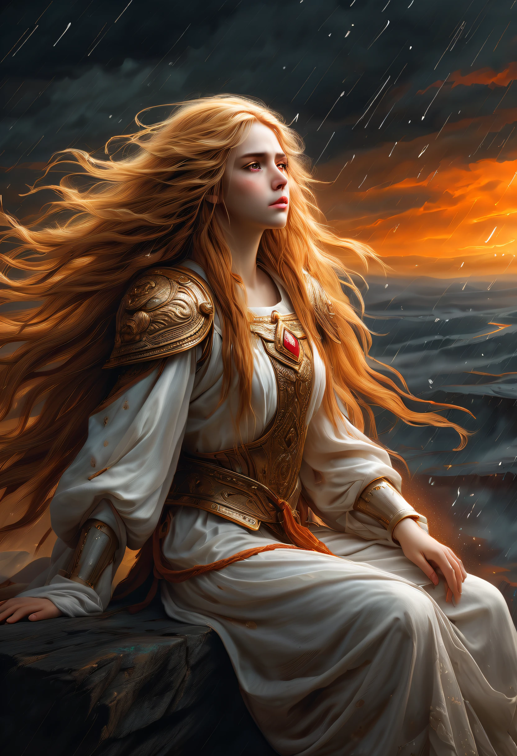Sit on your knees, (((cry with a howl:1.2))), strict and fearless warrior, ornament armor, Cinematic Angle, While calling for rain, sharp looking eyes, Brown eyes, dark orange long hair, (((Shaggy hair:1.2))) stunning fur, atmosphere of bereavement, intricate oil paint illustration, dark fantasy landscape background, (smooth, beautiful and glowing skin:1.1), High quality, Stunning 16K detailed rendering.  Illustration of an angel of love and sadness, Ruby eyes, Strong figure, white golden hair, long Shaggy hair, jump up and run, look at the distant sky, A journey through dark memories, the fountain of dreams around, 1 ephemeral flower, eternal dream art background, A little extra secret mystery, genius strokes, Attractive paintings that will captivate you, Rain of sadness accompanied by a faint light, Only the light of the moonlight, vision of many sins, Earth covered with powder snow, powder snow falls, (((Radiosity rendered in astonishing 32K resolution:1.3))),