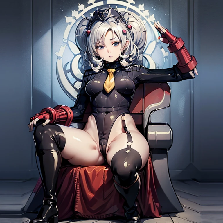 ultra-detailed, Explicit, Beautiful body, Beautiful Nose, Beautiful character design, perfect eyes, perfect face, ultra highres, 4K, beautiful legs, perfect legs, Nice hands, Perfect hand, Masterpiece, Best Quality, Highly detailed, illustration, absurdres, street fighter, doll suit, shadaloo doll, dollsuit, 1girl, solo, expressionless, blank eyes, looking at viewer, red gloves, emotionless, black latex, corrution, mind control, female combatant, full body, hypnotized, unhappy trance, full body suit, ribbed bodysuit, both arms at side, obey, perfect female body, extremely glossy latex, hypnosis, hypnoLora, empty eyes, Mind control device, poses, submissive_pose, Slave, hat, necktie, sitting up straight, sitting, sitting at attention, hat, necktie, belt, latex, ribbed bodysuit, thighhighs, garter belt, Fighting Stance, extending the right arm from the shoulder into the air with a straightened hand, nazi saluting, military, military saluting, salute, thigh boots, Perfect anatomy, perfect hand, perfect finger, Yu-Gi-Oh!, Madolche Queen Tiaramisu, white hair, red eyes, medium hair, throne, sitting on throne