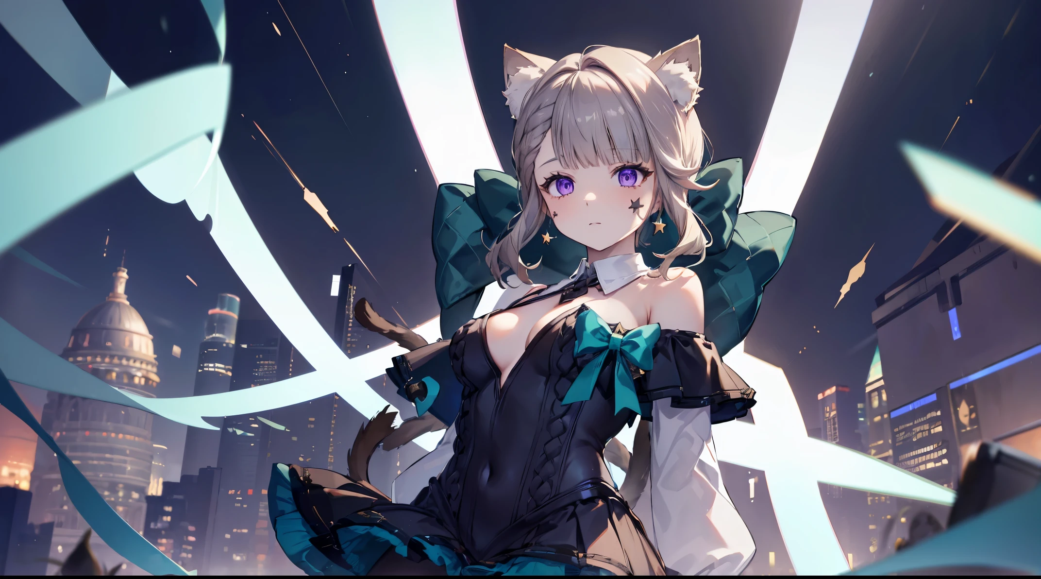 (((4k, masterpiece, top-quality))) ,8k, best quality, high resolution, HD, (arms behind back:1.2), unity 8k wallpaper, (((illustration))), beautiful detailed eyes, extremely detailed face, perfect lighting, extremely detailed CG, 1girl, solo, animal ears, sweater, shorts, breasts, cleavage, white sweater, off shoulder, cat ears, skirt, pleated skirt, animal ear fluff, bare shoulders, off-shoulder sweater, lynette, cat ears, hair bow, (purple eyes:1.2), brown hair, (((single star on left cheek))), bow, green bow, pantyhose,