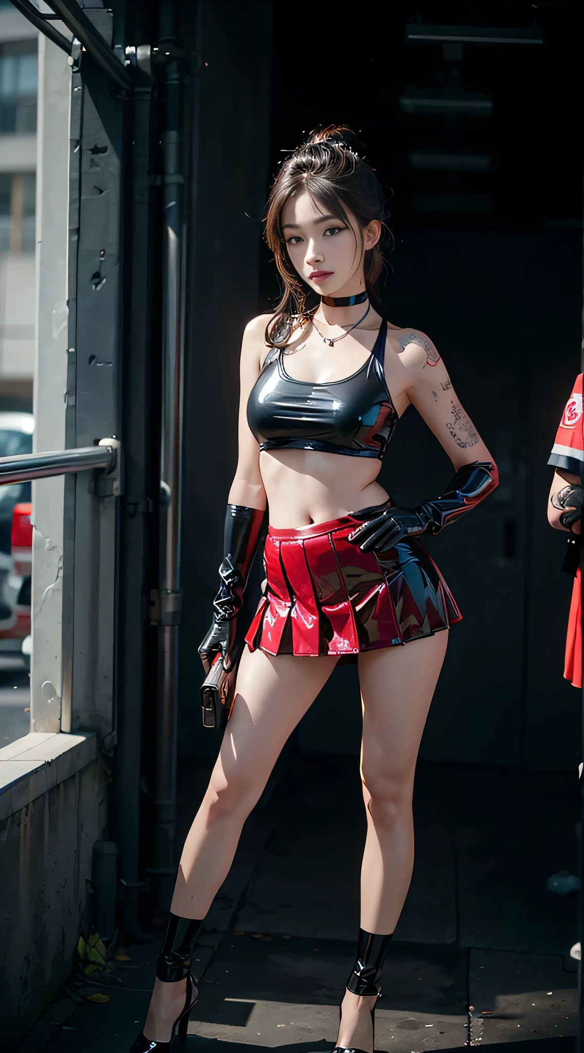 ((masterpiece:1.4)、(top-quality:1.4)、(reallistic:1.7))、masuter piece:1.4、(Top-of-the-line rendering:1.4)、(Female SWAT member of the 73rd Division of the Space Federation:1.4)、Super beauty捜査官、(By Luis Royo:1.4)、(hold a gun:1.2)、Body Fit Sexy Uniform、(Glossy luxury latex:1.4)、(Navy blue sleeveless uniform jacket)、(Underwear White Sexy Super Ultra Bikini)、(Luxury Red Latex:1.4)、(Red pleated mini skirt:1.4)、22year old、(Cute tattoos:1.4)、(Wearing white gloves)、Kawaii Girl、Super beauty、foco nítido、Portrait photos、(Perfect female body:1.4)、perfectly proportions、Upper body photography:1.4、美丽的面容、Fearless look、beautidful eyes、Narrow waist、beauty legs、(length hair:1.2)、Beautiful udder、large full breasts:1.2、Sexy ass、(Standing facing the front:1.4)、Raw photo、red-lips、Red high heels:1.4、a choker:1.4、a necklace:1.4、耳环:1.4、1 screen display、Beautiful night view of Cyberpunk City:1.2
