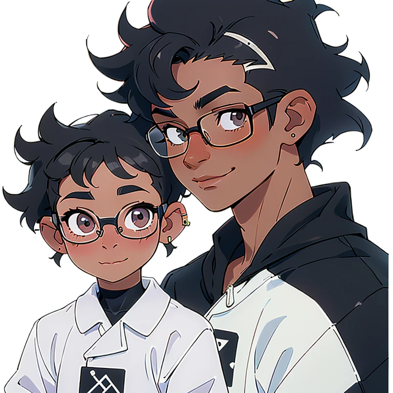 smiling, curly hair, short hair, glasses, white skin, looking in the mirror, black and white colors, boy
nose and mouth of a black person,
small golden piercings in the ears, with side-shaved hair,
half Brazilian and half black, 18 years old, looking younger,
dark hair,
