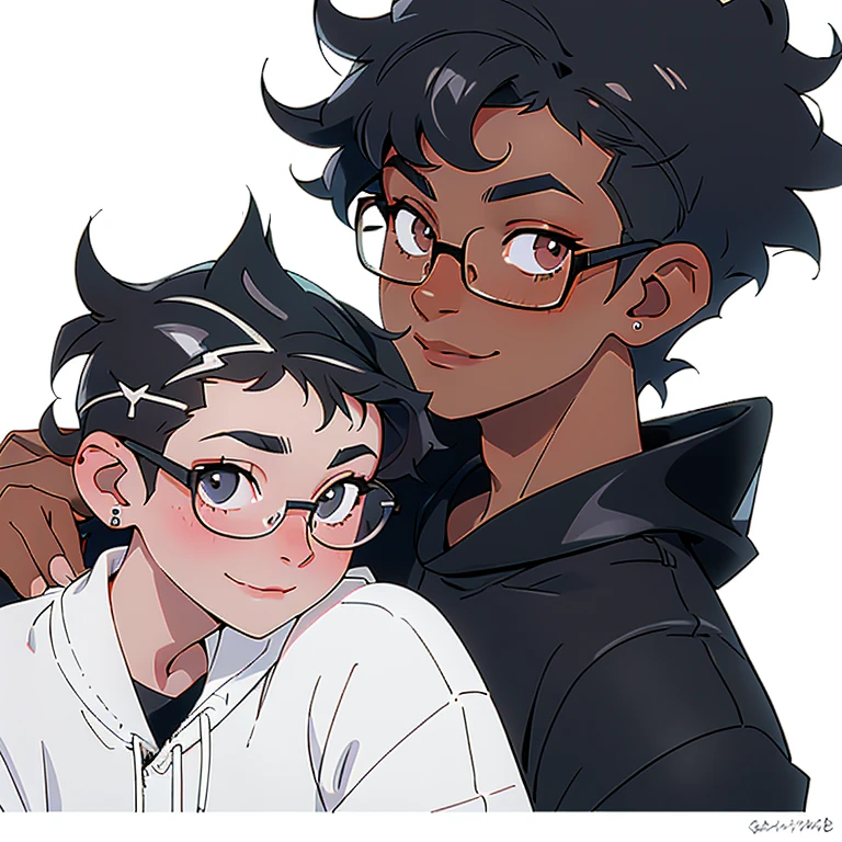 smiling, curly hair, short hair, glasses, white skin, looking in the mirror, black and white colors, boy
nose and mouth of a black person,
small golden piercings in the ears, with side-shaved hair,
half Brazilian and half black, 18 years old, looking younger,
dark hair,