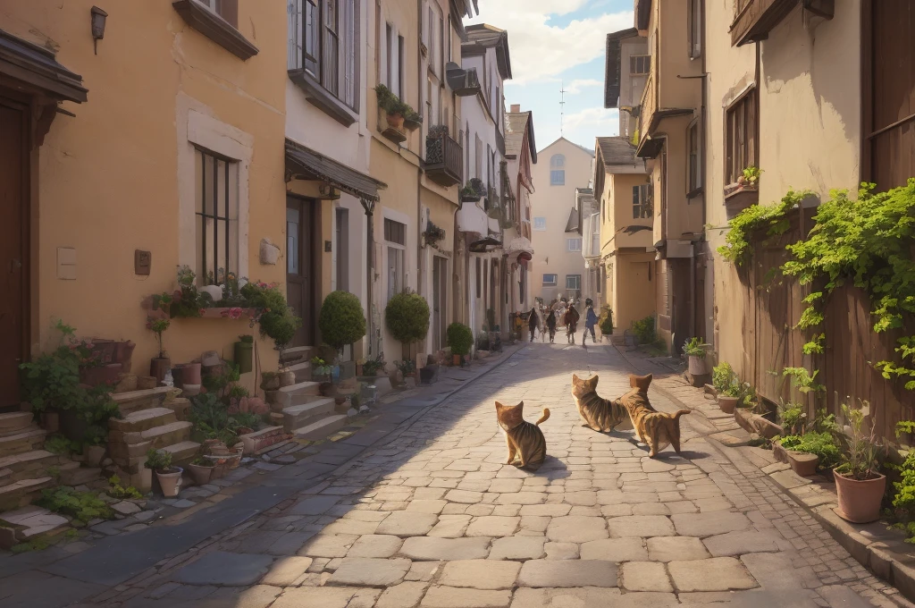 Several little tabby cats are around the street,Turn around and wave goodbye to each other