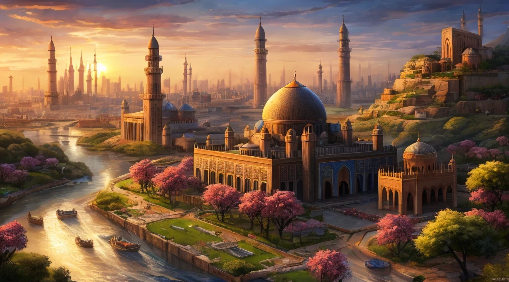 Ancient scientist city high-end miniature of islamic city with Great view of the mosque tower,its mosques covered florigs and overgrowth and cityscape၊ grassland Mountain city, streets and bread stalls overflowing with Muslims peoples and wonderful flower tree, ride across a big stream in the middle of the city, realistic hyper, sunset lighting, super detailed, detailed scenery, realistic super portrait