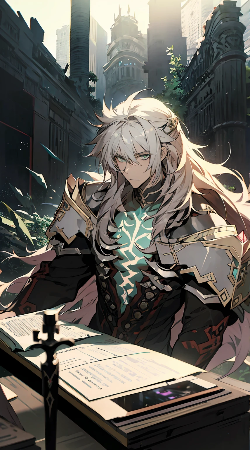 Upper body only photo,solo,  (Siegfried,Fate),****ung Man、Solo, gray long hair、green  eyes、best  quality、８Ｋ、In the ruins of the night,masterpiece