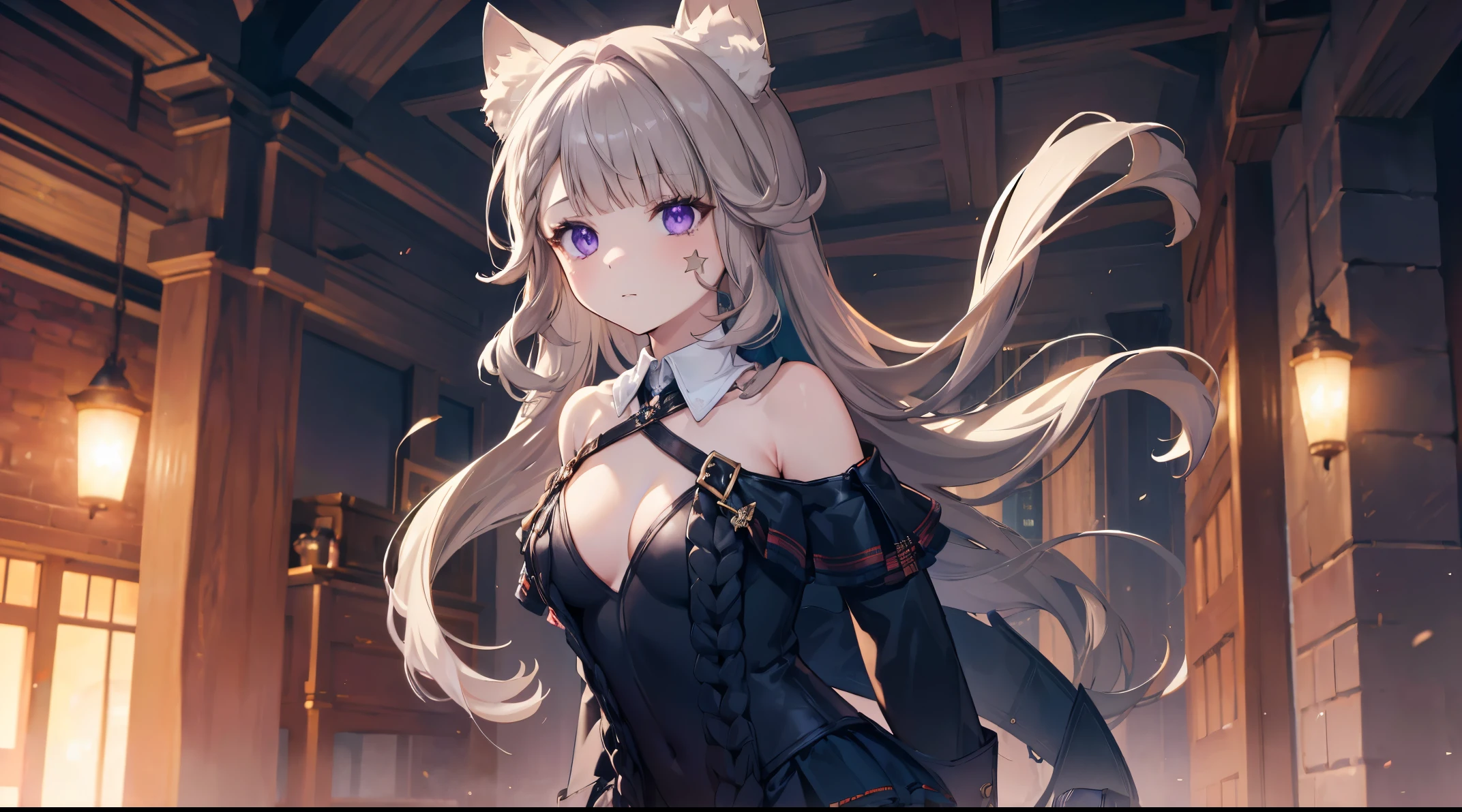 (((4k, masterpiece, top-quality))) ,8k, best quality, high resolution, HD, (arms behind back:1.2), unity 8k wallpaper, (((illustration))), beautiful detailed eyes, extremely detailed face, perfect lighting, extremely detailed CG, 1girl, solo, animal ears, sweater, breasts, cleavage, white sweater, off shoulder, cat ears, skirt, pleated skirt, animal ear fluff, bare shoulders, off-shoulder sweater, lynette, cat ears, (purple eyes:1.2), brown hair, (((single star on left cheek))), pantyhose,