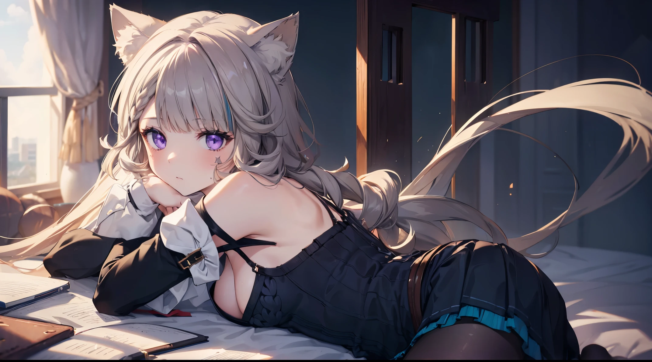 (((4k, masterpiece, top-quality))) ,8k, best quality, high resolution, HD, (arms behind back:1.2), unity 8k wallpaper, (((illustration))), beautiful detailed eyes, extremely detailed face, perfect lighting, extremely detailed CG, 1girl, solo, animal ears, sweater, breasts, cleavage, white sweater, off shoulder, cat ears, skirt, pleated skirt, animal ear fluff, bare shoulders, off-shoulder sweater, lynette, cat ears, (purple eyes:1.2), brown hair, (((single star on left cheek))), pantyhose,