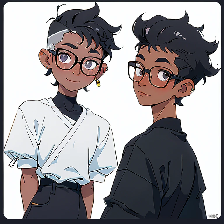 smiling, curly hair, short hair, glasses, white skin, looking in the mirror, black and white colors, boy
nose and mouth of a black person,
small golden piercings in the ears, with side-shaved hair,
half Brazilian and half black, 18 years old, looking younger,
very curly dark hair that reaches the shoulder.