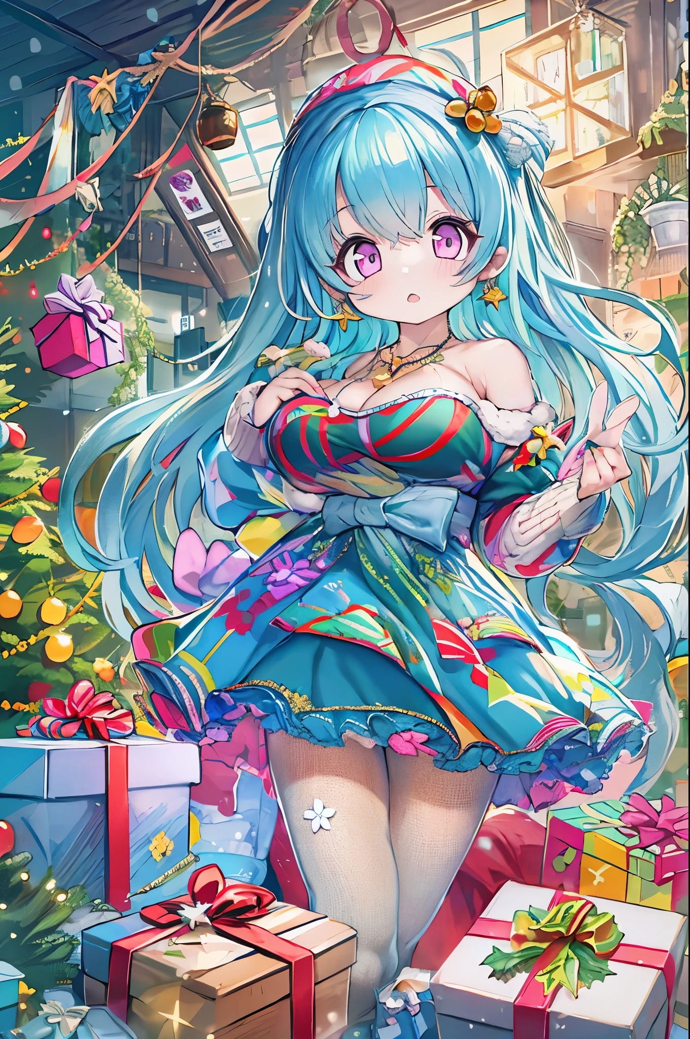 1girl in, Bangs, Blue hair, Bow, Box, 手链, Christmas, Christmas tree, Cowboy Shot, Dress, earrings, fish net, flower, gift, gift box, Hair Ornament, Hamel, Jewelry, Looking at Viewer, multicolored hair, Necklace, pantyhose, Parted lips, Purple eyes,bbw、huge-breasted