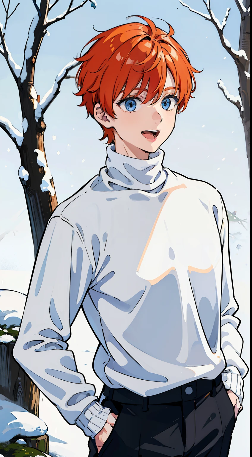 (1boy,,18 years old), orange hair, blue eyes,(black pants),(((white sweater,turtleneck))),(standing in snow,in a forest),((smile,open mouth)),looking away,hands on waist