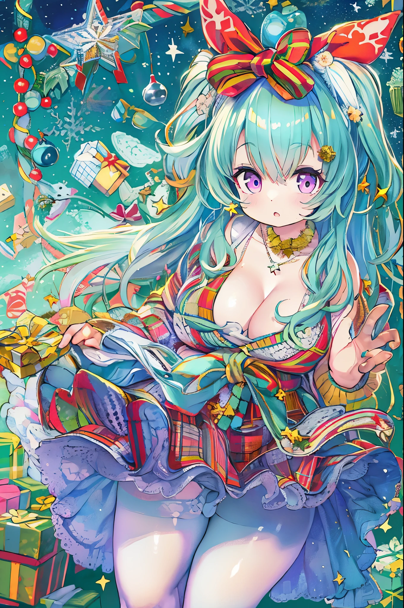 1girl in, Bangs, Blue hair, Bow, Box, 手链, Christmas, Christmas tree, Cowboy Shot, Dress, earrings, fish net, flower, gift, gift box, Hair Ornament, Hamel, Jewelry, Looking at Viewer, multicolored hair, Necklace, pantyhose, Parted lips, Purple eyes,bbw、huge-breasted