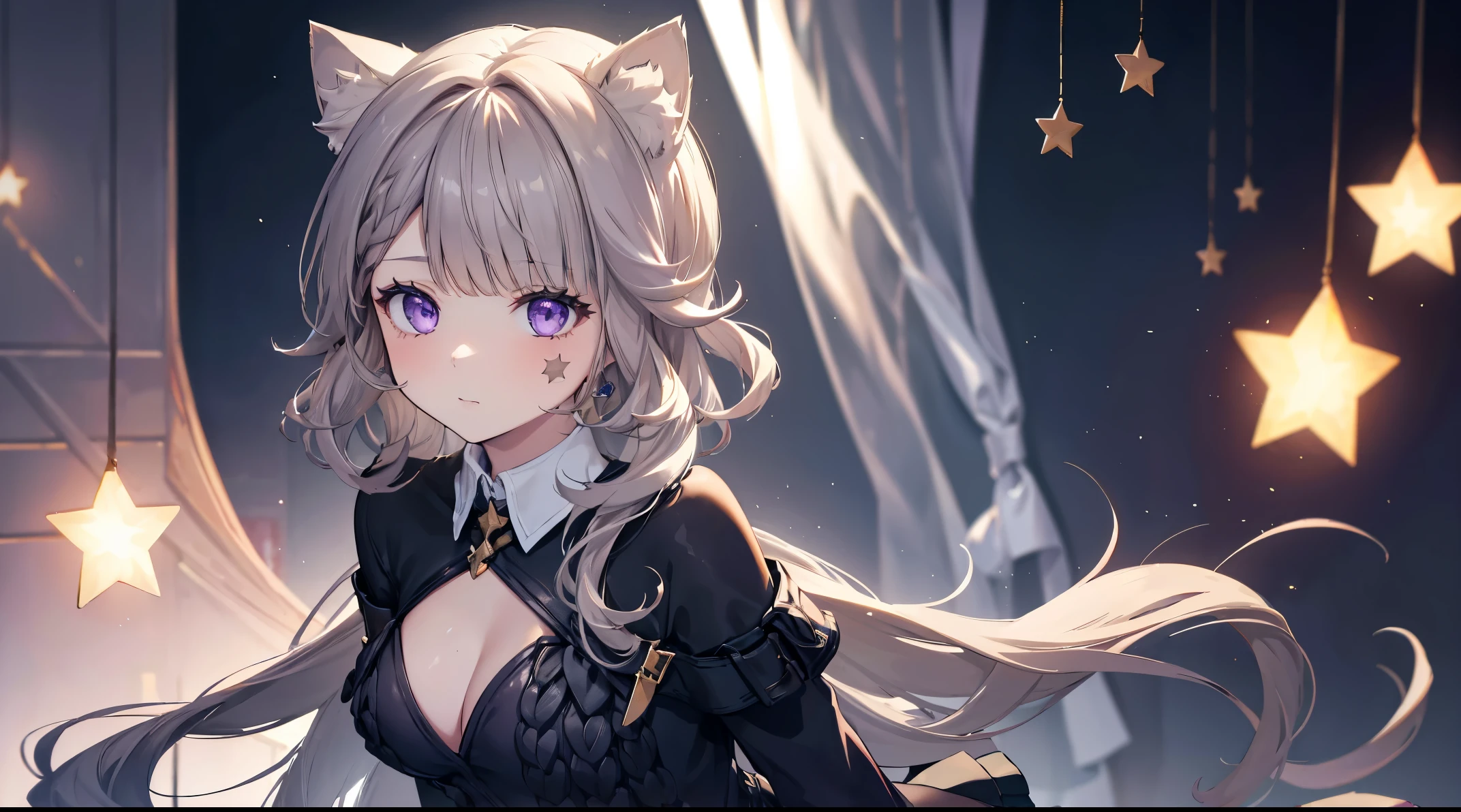 (((4k, masterpiece, top-quality))) ,8k, best quality, high resolution, HD, (arms behind back:1.2), unity 8k wallpaper, (((illustration))), beautiful detailed eyes, extremely detailed face, perfect lighting, extremely detailed CG, 1girl, solo, animal ears, sweater, breasts, cleavage, white sweater, off shoulder, cat ears, skirt, pleated skirt, animal ear fluff, bare shoulders, off-shoulder sweater, lynette, cat ears, (purple eyes:1.2), brown hair, (((single star on left cheek))), pantyhose,