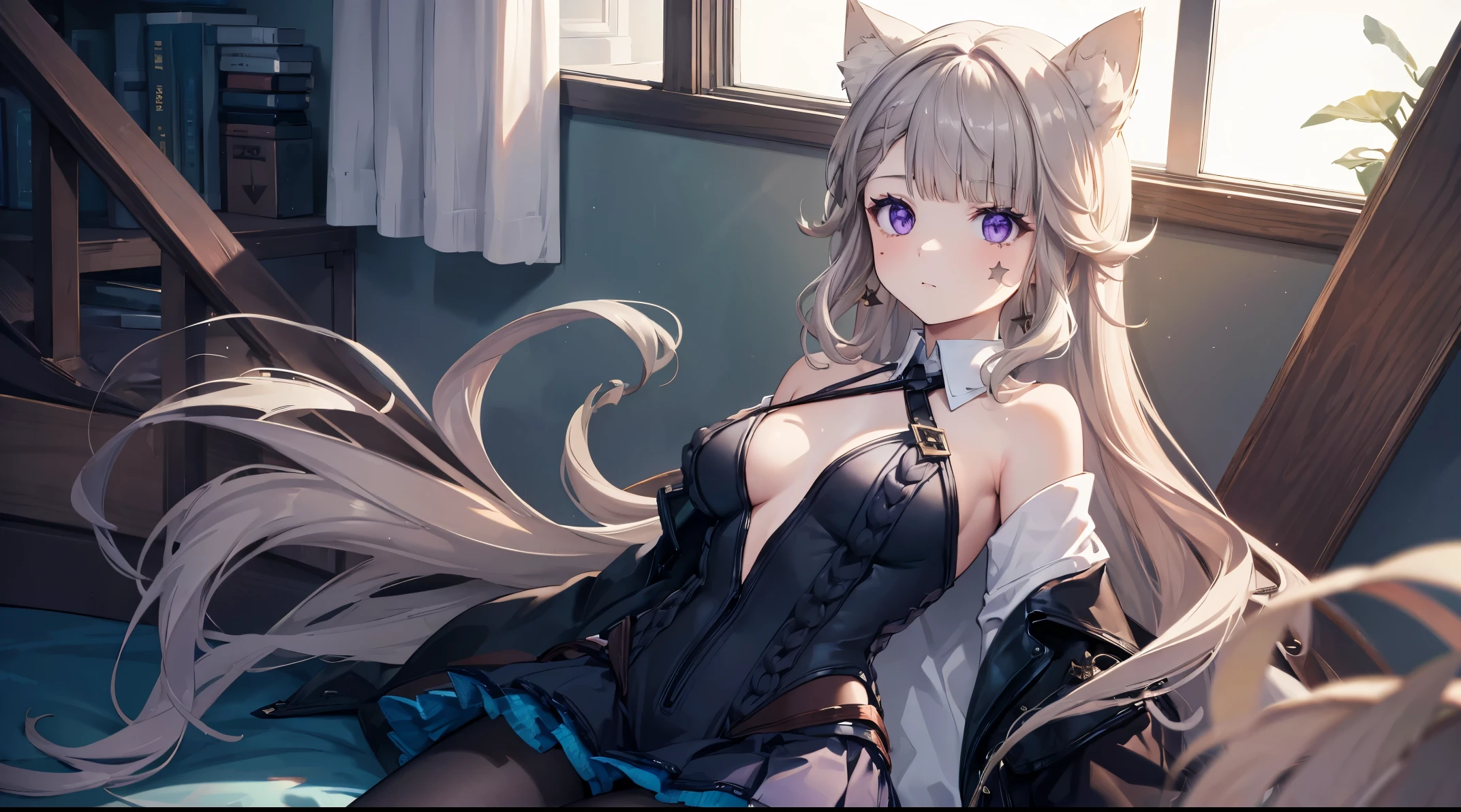 (((4k, masterpiece, top-quality))) ,8k, best quality, high resolution, HD, (arms behind back:1.2), unity 8k wallpaper, (((illustration))), beautiful detailed eyes, extremely detailed face, perfect lighting, extremely detailed CG, 1girl, solo, animal ears, sweater, breasts, cleavage, white sweater, off shoulder, cat ears, skirt, pleated skirt, animal ear fluff, bare shoulders, off-shoulder sweater, lynette, cat ears, (purple eyes:1.2), brown hair, (((single star on left cheek))), pantyhose,