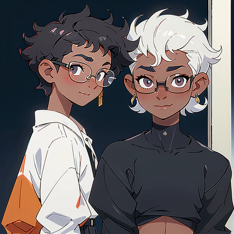smiling, curly hair, short hair, glasses, white skin, looking in the mirror, black and white colors, boy
nose and mouth of a black person,
small golden piercings in the ears, with side-shaved hair,
half Brazilian and half black, 18 years old, looking younger,
very curly and defined dark hair,