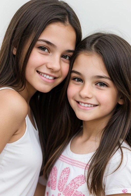two brunette teenage girls, one has 9 , another has 15 years nte, Feliz, fundo limpo branco, circunstanciado, Dentes perfeitos, Cabelos lisos, enquadramento da foto meia distancia.
