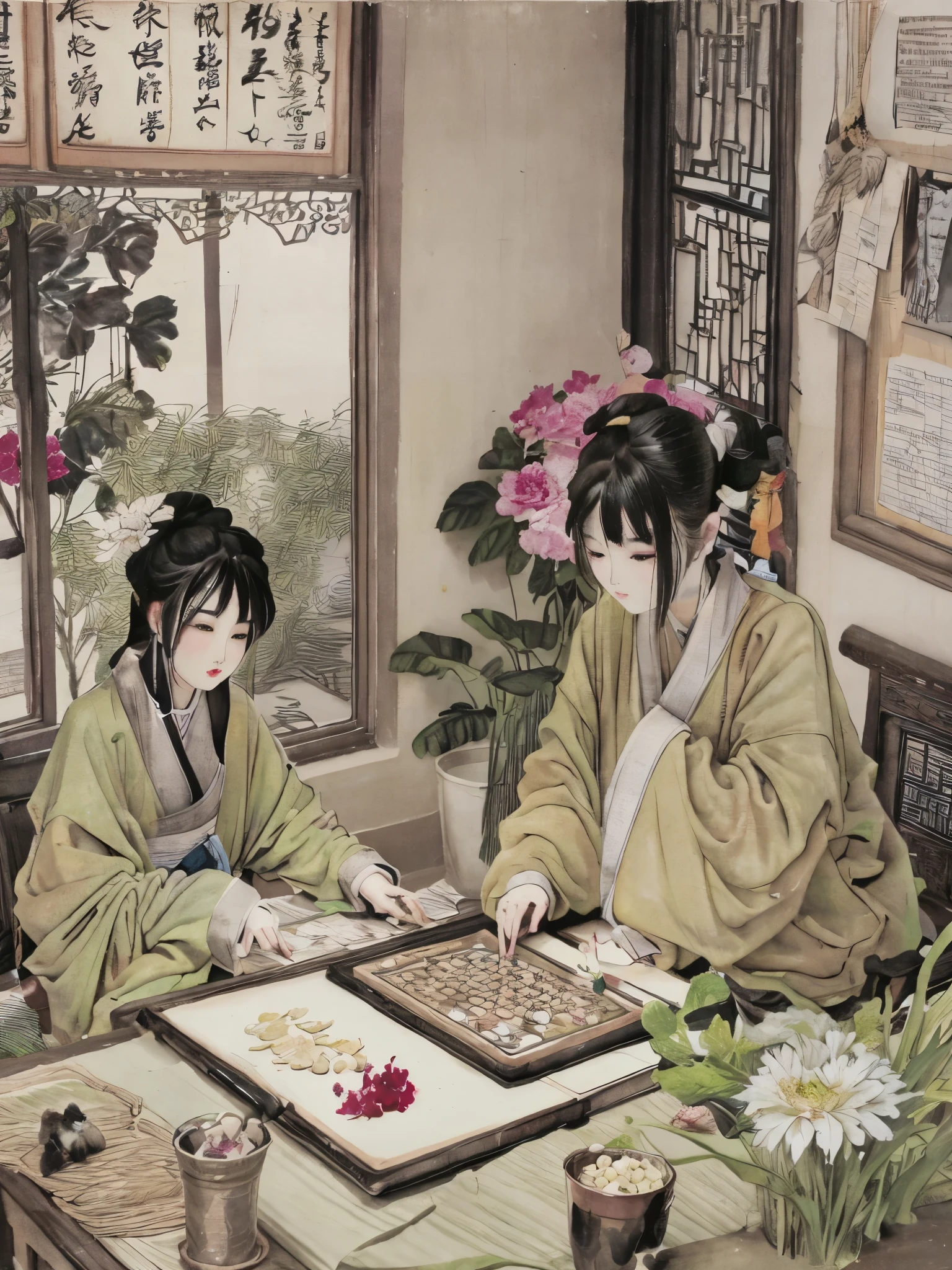 a close up of a full colour painting of people in a landscape, ancient chinese beauties, qing dynasty painting, by Wang Lü, su fu, mu pan, by Lü Ji, song dynasty, ancient china art style, chinese painting, robed figures sat around a table, by Wang Hui, by Yun Du-seo, old chines painting, traditional chinese painting, vibrant colors, high quality, high contrast,gorgeous light and shadow, (best quality), (Japanese:0.5), (korean:0.8), (Liu Yi Fei:1.5), lace, playing chinese chess, chinese chess on table, cat on table, cat looking at chess, flowers outside window, butterfly in the air, showing Vulvas,