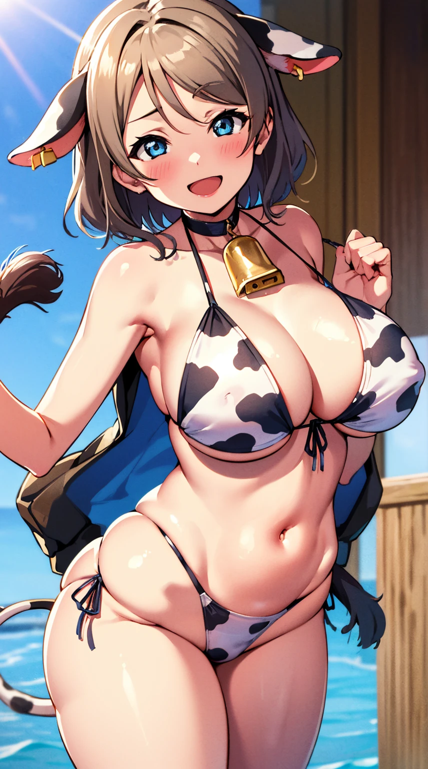 masutepiece, Best Quality, 1girl in, Akira Watanabe, Looking at Viewer, Smile, Open mouth, Bangs, Blue eyes, Hair Ornament, Large Full Breasted,  　(One guy、Man behind,Inserted from behind、doggystyle)+++++++  tie front bikini top, cow print, cow ears, cow horn, Dry branches, cow bell, cow girl, cow anal tail, Ugly year