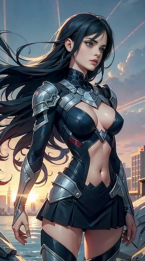"krysten ritter, showing her belly button, In New York, wearing a torn spiderman suit, Wearing a skirt, abstract photorealistic, artistic, Alphonse Mucha'Masterpieces of painting, Best Quality, hight resolutionであり:1.4), Detailed, Intricate details, 4K, color splashes, line-drawing, Fibonacci, hight resolution, Vibrant colors, with fantasy background, Female features'Flowing hair and dramatic light rays.."