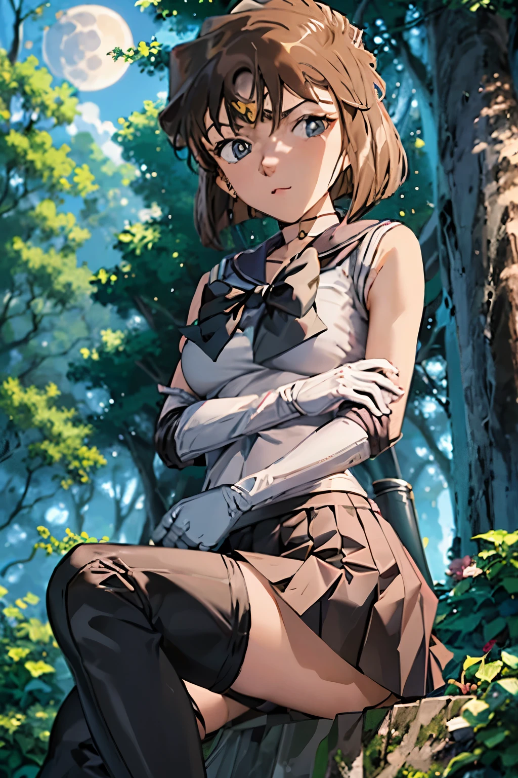 Anime girl sitting on a tree stump in the woods - SeaArt AI