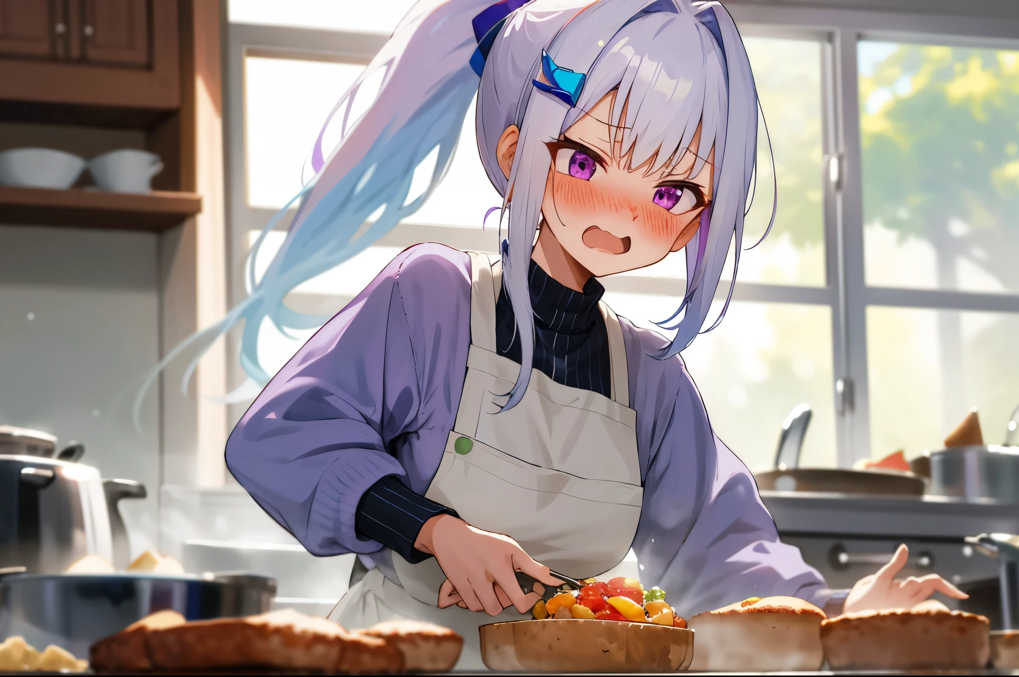 One girl with high ponytail hair, bangs, white hair, blue inner hair:1.25) , purple eyes, blushing, embarrassed, open mouth, indoor, Cooking food, kitchen, sweaters, apron, mid-chest, day atmosphere, hair ornament, medium breasts, upper body, focus, blurry background, food