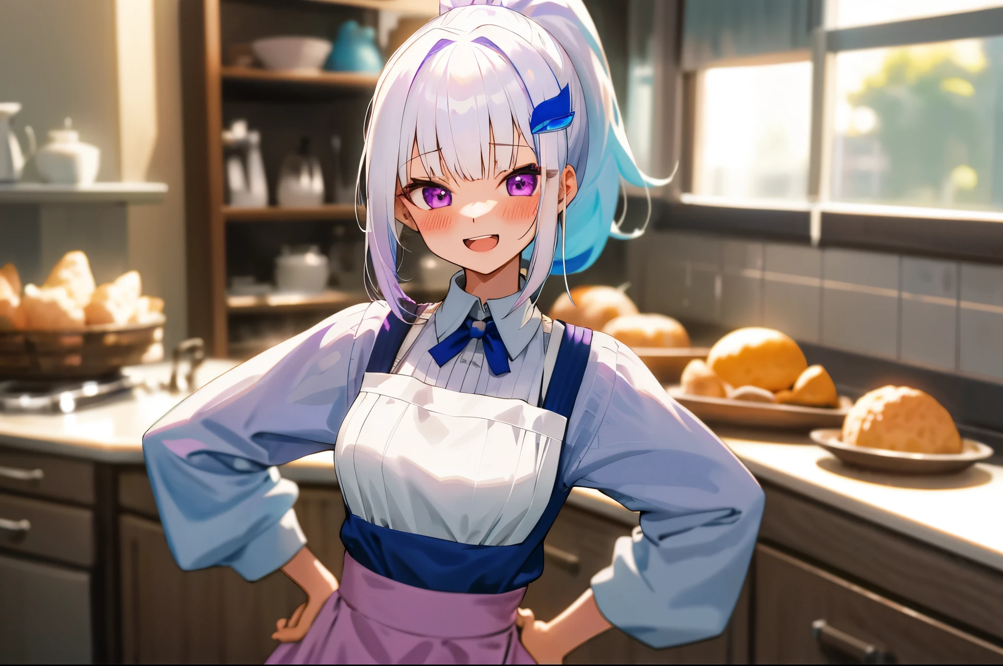 One girl with high ponytail hair, bangs, white hair, blue inner hair:1.25) , purple eyes, looking at viewer, blushing, little smile, open mouth, teeth, indoor, hands on hip, kitchen, sweaters, apron, mid-chest, day atmosphere, hair ornament, medium breasts, upper body, focus, blurry background, food
