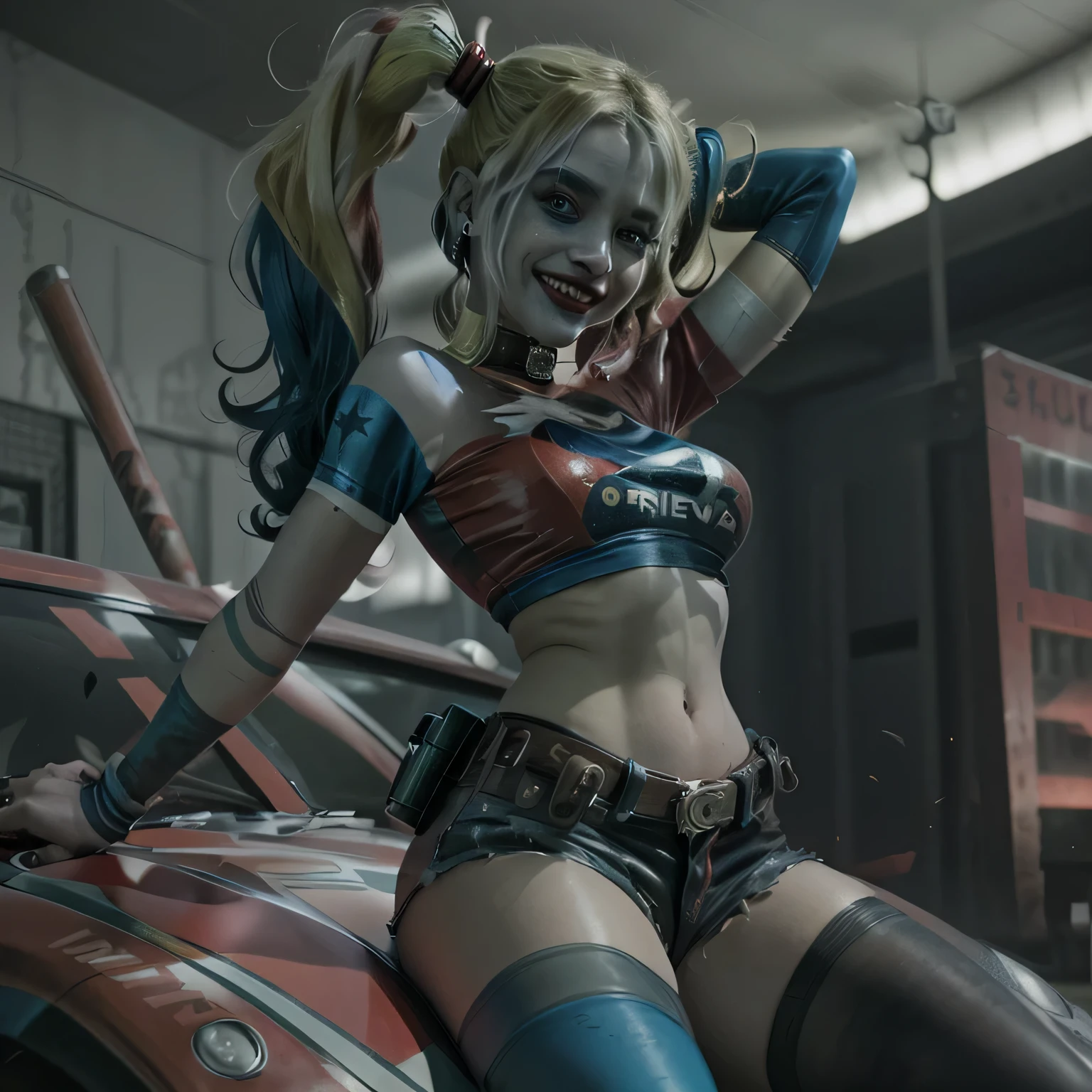 ((photorealistic)), (masterpiece), (detailed) (solo), cute beautiful face, Harley Quinn, out of shape, young, cutie, very chubby, fishnet, curvy, very soft, sexy, fat rolls, belly rolls, tight latex shorts, muffin top, standing, love handles, big navel, fat hips, thunder thighs, fatty, fed up