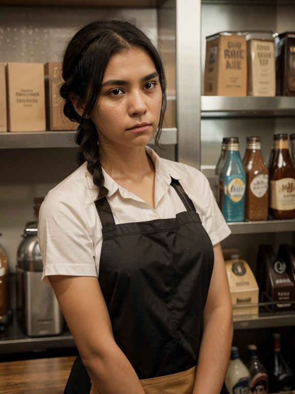 girl with sad look,black hair tied, wearing office shirt and a brown barista apron,beverage bottle rack background, ultra detail, hdr photography